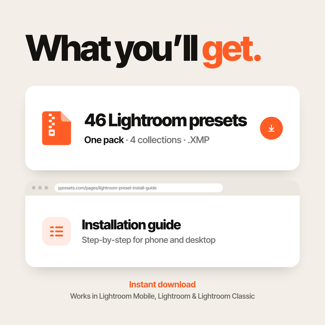 What you'll get: one pack of 46 Lightroom presets (.XMP) across 4 collections, plus the installation guide
