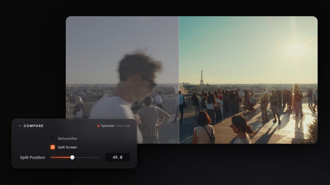 Ypresets Color Lab in DaVinci Resolve: flat log footage on one side and the graded result on the other