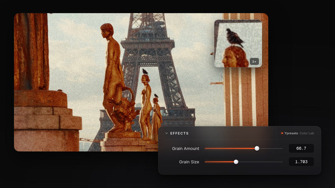 Ypresets Color Lab Film Grain effect on a Paris shot in DaVinci Resolve, with Grain Amount and Grain Size sliders