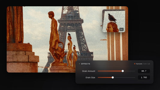 Ypresets Color Lab Film Grain effect on a Paris shot in DaVinci Resolve, with Grain Amount and Grain Size sliders