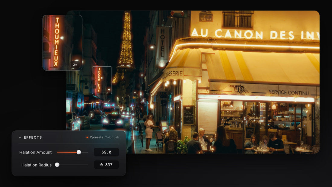 Halation glow around neon signs on a Paris street at night, added in DaVinci Resolve with Ypresets Color Lab