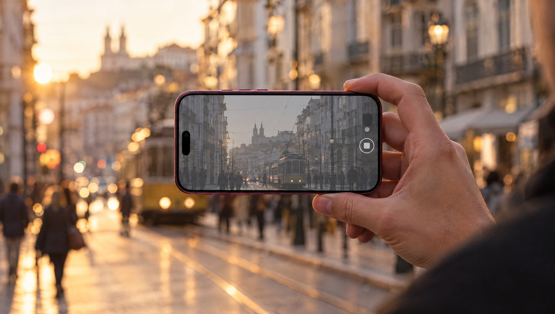 Filming a golden-hour city street on a burgundy iPhone 18 Pro Max in Apple Log