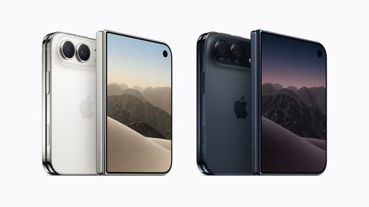 iPhone Duo foldable in Star White and Night Sky, partly open, showing the dual rear cameras and inner display