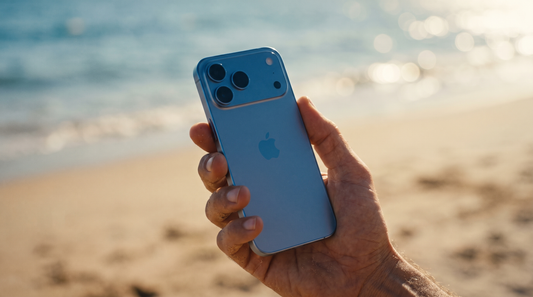 Sky Blue iPhone 18 Pro back and camera bar held at the beach