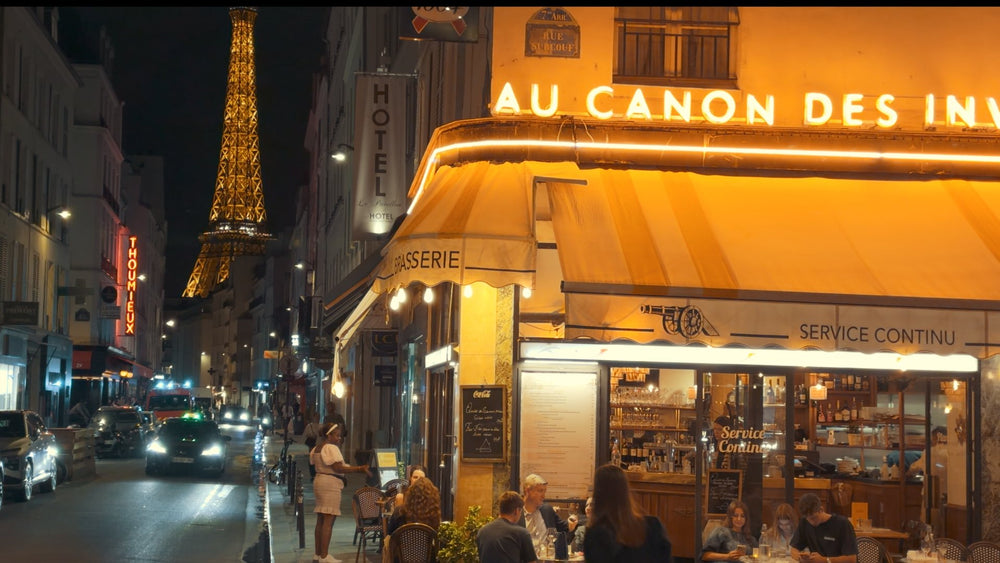 Paris café at night graded with Ypresets Apple Log LUT 6