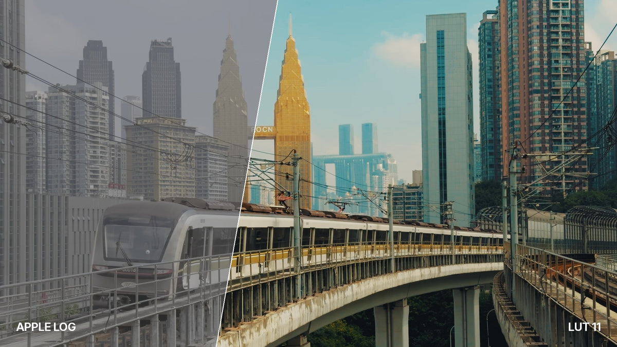 Before and after: flat iPhone Apple Log footage of a Chongqing monorail on the left, the same shot graded with Ypresets Apple Log LUT 11 on the right