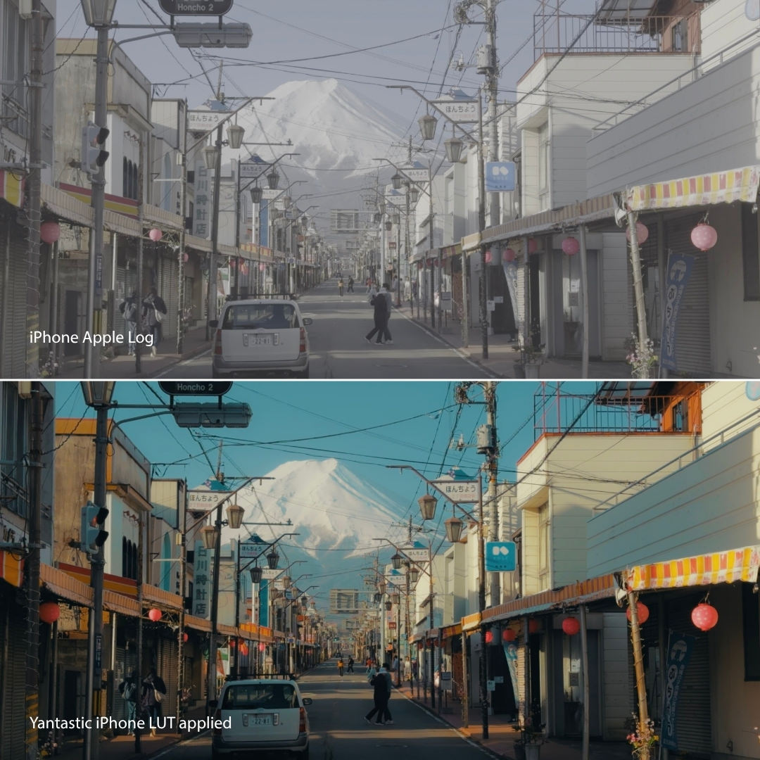 Comparison of a city street with Mount Fuji in the background before and after applying a Yantastic iPhone LUT.