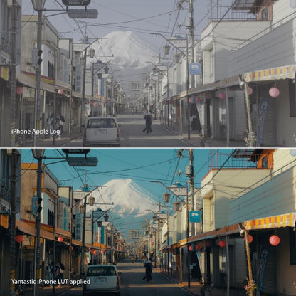 Comparison of a city street with Mount Fuji in the background before and after applying a Yantastic iPhone LUT.