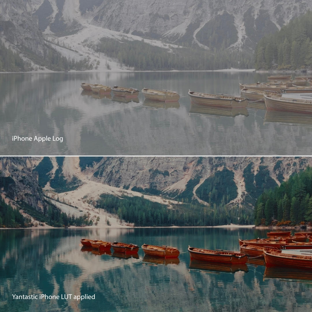 Comparison of a lake scene with boats before and after applying a Yantastic iPhone LUT.