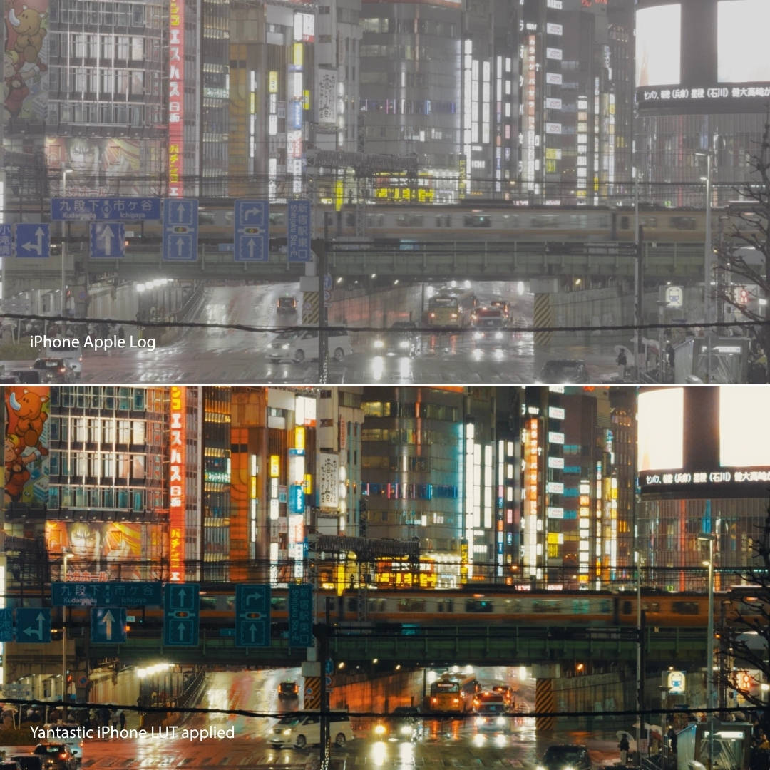 Comparison of a cityscape with and without a filter applied, showing differences in color and lighting.