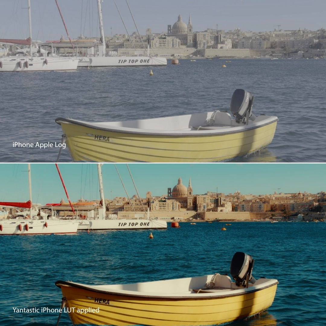 Two images of a yellow boat on water with a cityscape in the background, one labeled 'iPhone Apple Log' and the other 'Yantastic iPhone LUT applied'.