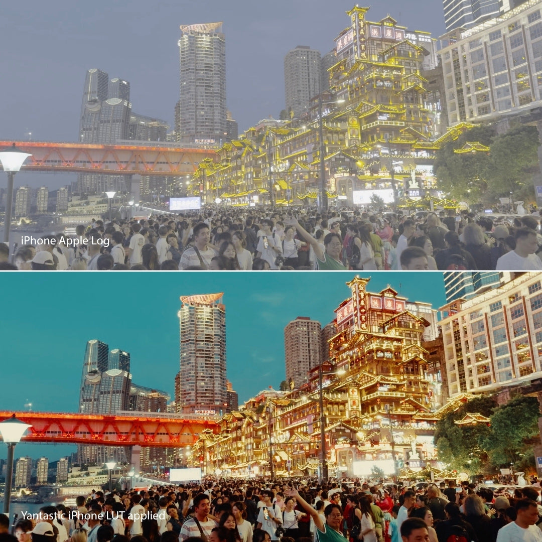 Two images of a cityscape with a crowd, one with 'Yantas' logo and 'iPhone LUT' text, the other with 'iPhone Apple Log' text.