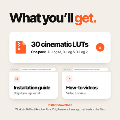 What you'll get: one pack of 30 cinematic LUTs for DJI Osmo D-Log M, D-Log and D-Log 2, plus the installation guide and how-to videos